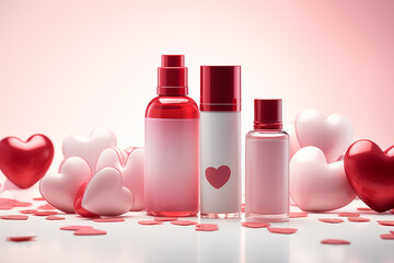 Valentine's Day care and decorative cosmetics mockup. Lipstick, cream, balm, perfume