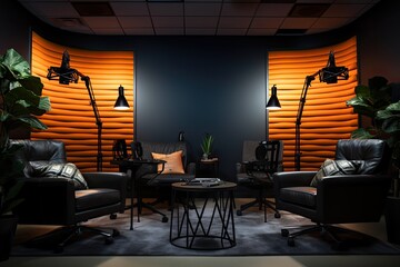 Podcast room with soundproof acoustic panels, podcasting table with professional microphones and headphones