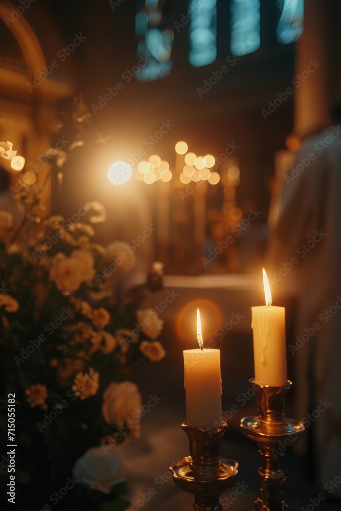 Poster a couple of candles sitting on top of a table. can be used for creating a cozy atmosphere or as a ce