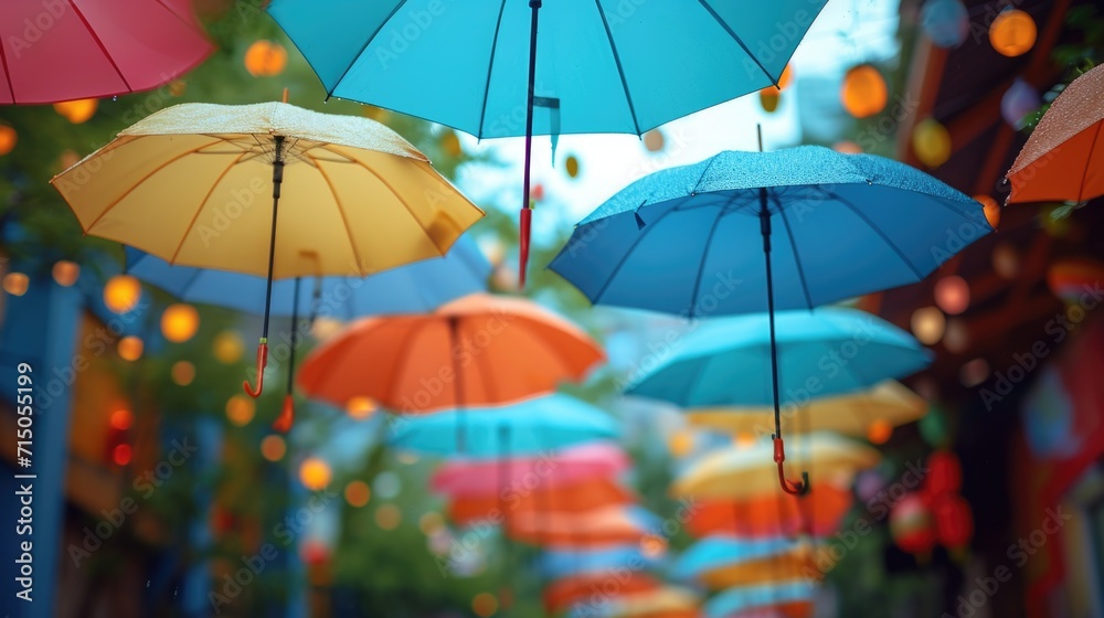 Poster Colorful umbrellas suspended from the ceiling, creating a vibrant and lively atmosphere. Perfect for adding a pop of color to any space