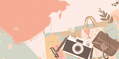 Travel concept illustration with vintage camera, bag, and map on peach background. Collage style design for poster and travel-related design
