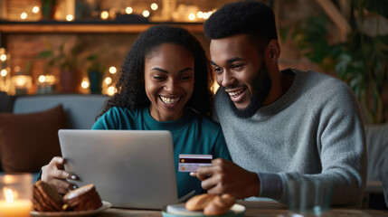 Joyful couple engaged in online shopping