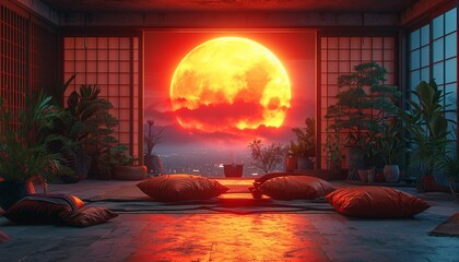 animated virtual backgrounds, stream overlay loop, interior, cozy futuristic living room at sunset, vtuber asset twitch zoom OBS screen, chill anime lo-fi hip, generative ai.