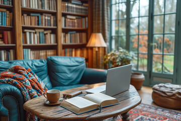 Fototapeta premium A serene home office with an open book and laptop on a wooden table, overlooking a garden