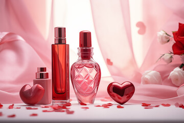 Valentine's Day care and decorative cosmetics mockup. Lipstick, cream, balm, perfume