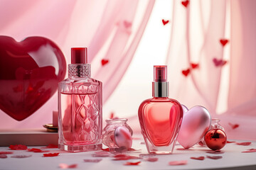 Valentine's Day care and decorative cosmetics mockup. Lipstick, cream, balm, perfume