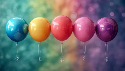 Foto op Canvas Animation of blue, green, yellow, pink and red balloons on a rainbow background ,generative ai. © JKLoma