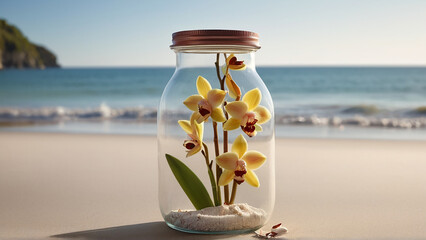 A Captivating Cymbidium Orchid Flower Jar Amidst Beach Serenity AI GENERATED - obrazy, fototapety, plakaty