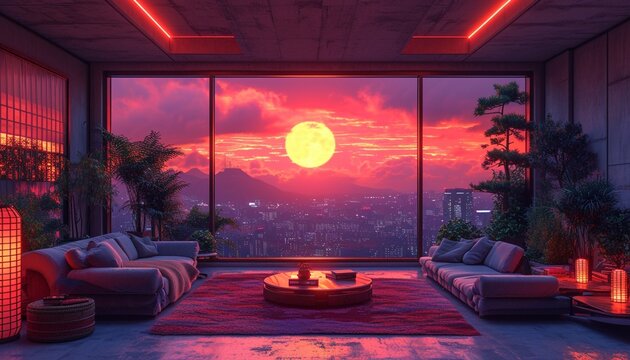 animated virtual backgrounds, stream overlay loop, interior, cozy futuristic living room at sunset, vtuber asset twitch zoom OBS screen, chill anime lo-fi hip, generative ai.