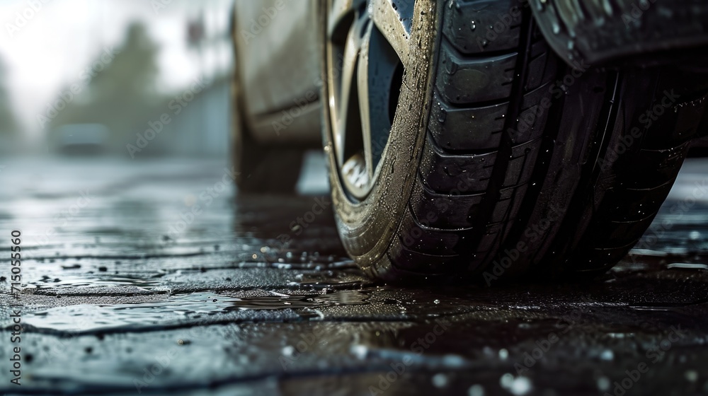 Poster a close up view of a car tire on a wet road. this image can be used to depict rainy weather conditio