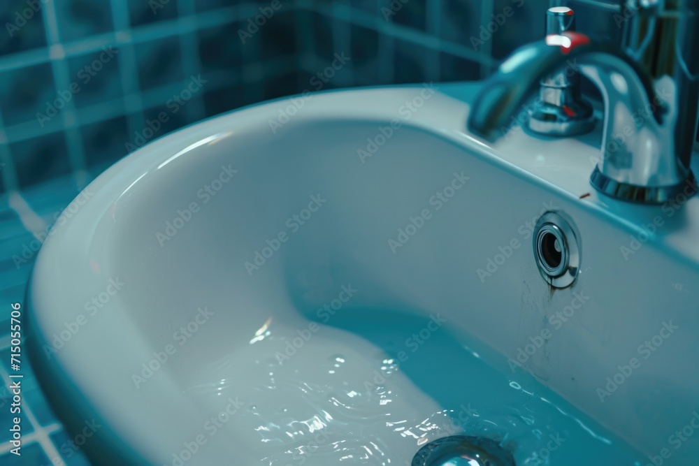 Poster water is running from the faucet of a bathroom sink. suitable for various uses