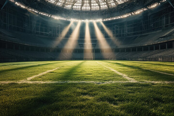Football stadium arena for match with spotlight. Soccer sport background, green grass field for competition champion match. - Powered by Adobe