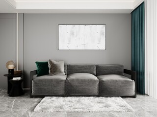 Mock up of a bright spacious living room with a trendy comfortable sofa and an interesting gray background, 3D rendering.