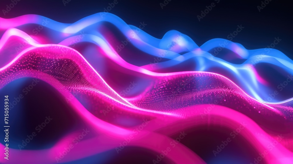 Poster Pink and blue wave lights create a captivating display against a dark black background. Ideal for adding a touch of color and vibrancy to any project or design