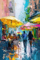A painting depicting a group of people walking down a street while holding umbrellas. This image can be used to represent rainy weather, urban scenes, or city life.