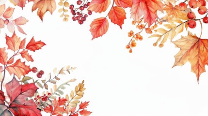 A vibrant watercolor painting depicting the beauty of autumn leaves and berries. Perfect for adding a touch of nature and warmth to any project or decor