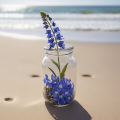 A Captivating Delphinium Flower Jar Amidst Beach Serenity AI GENERATED