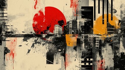 Painting of a City With a Red Sun, Vibrant Urban Landscape Artwork
