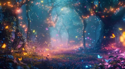 Enchanting Forest Aglow With Countless Fireflies Casting a Magical Glow