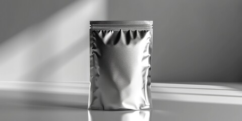 A silver foil bag placed on top of a table. Suitable for product packaging or promotional materials