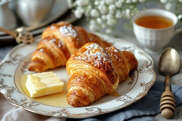 Two delicious croissants served with a pat of butter on a plate. Perfect for breakfast or brunch.