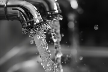 A close-up view of a faucet with water flowing out. This image can be used to depict water conservation, plumbing, or household utilities