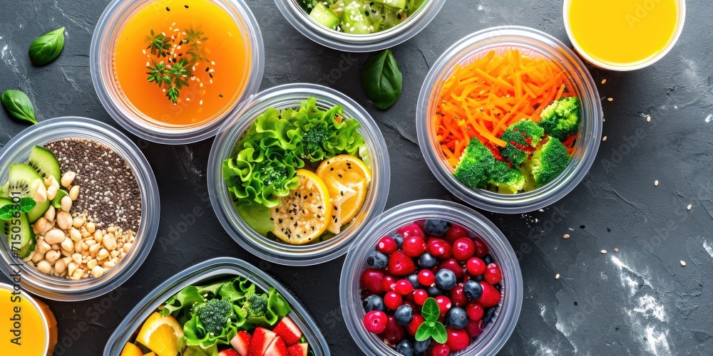 Poster Various plastic containers filled with different types of food. Versatile and practical for various culinary uses