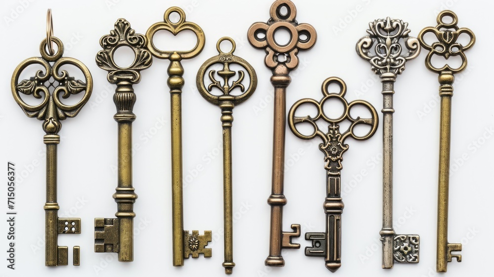 Poster A bunch of keys sitting on top of a white surface. Versatile image for various concepts and themes