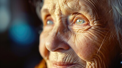A close up photograph of an elderly woman's face. This image can be used to depict aging, wrinkles, wisdom, or the beauty of old age.