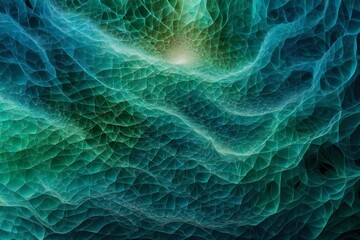 A close-up shot of crystalline structures interwoven in a symphony of blues and greens, forming an otherworldly abstract background.