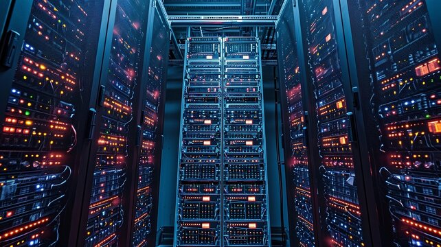 bird's-eye view, array of secure servers in a data center, top view in room, industrial area, evening, LED lights, secure, Drone Camera, generative ai.