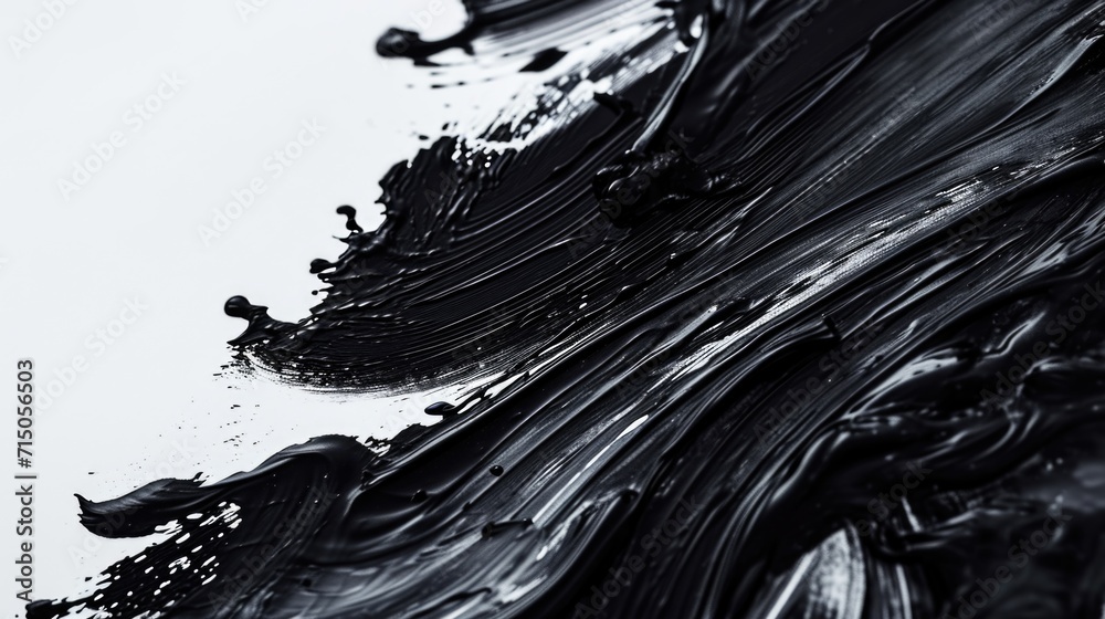 Poster black paint seen up close on a white surface. can be used for artistic projects or as a background t