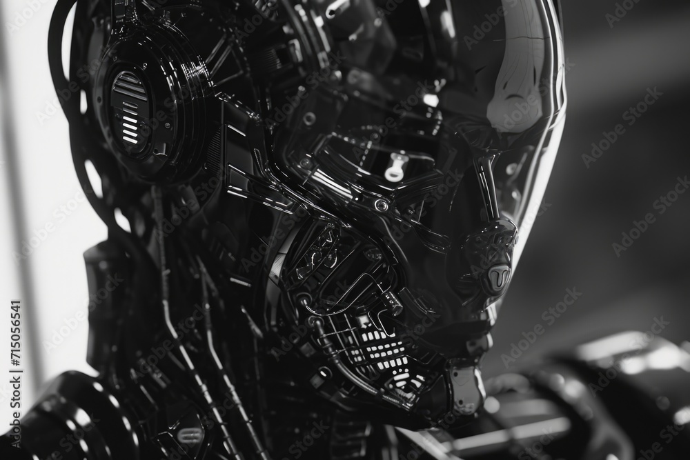 Poster a black and white photo of a robot. suitable for technology and futuristic concepts