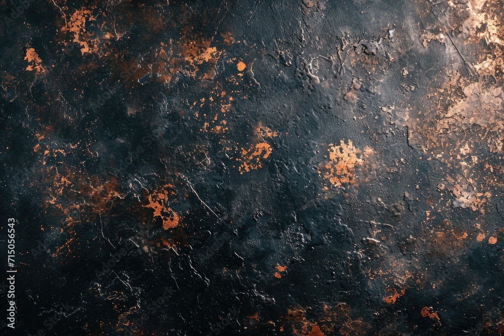 Poster a detailed view of a black surface covered in rust. this image can be used to depict decay, deterior