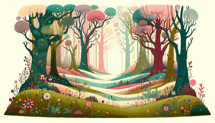 Artistic illustration of a fantasy forest with whimsical, colorful trees and a carpet of soft moss and tiny spring flowers
