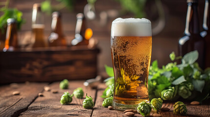 beer mug and some hops on a rustic vintage table