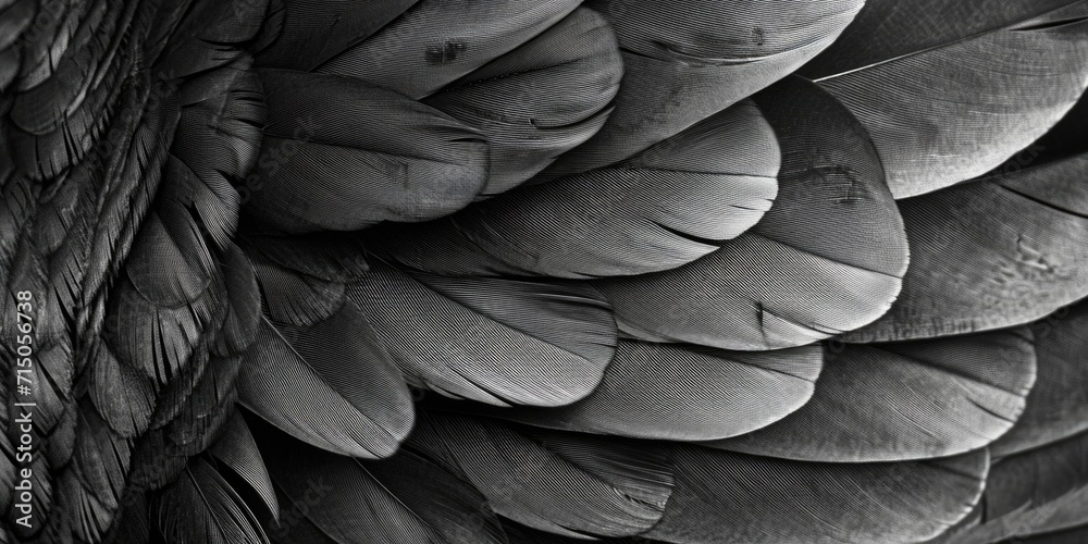 Poster black and white photo capturing the intricate details of a bird's feathers. suitable for various cre