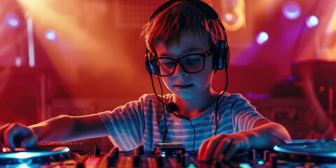 Obraz na płótnie Canvas A young boy wearing glasses is playing as a DJ. This image can be used to depict a child's interest in music or to illustrate a DJ at a children's party