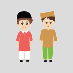 Happy muslim boy cartoon character vector. Muslim boy praying, Little muslim kid different pose and feel peace.