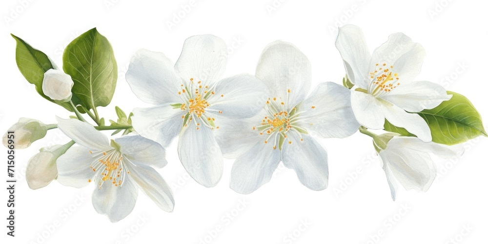 Poster a group of white flowers with vibrant green leaves. perfect for adding a touch of elegance to any pr