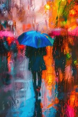 A painting depicting people walking in the rain with umbrellas. Can be used to illustrate rainy weather or urban scenes