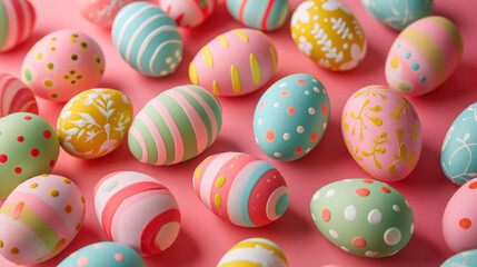 Fototapeta na wymiar Collection of decorated Easter eggs with various patterns and colors, scattered on a pink surface.