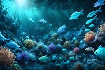 Fototapeta na wymiar A 3D-rendered underwater world with bioluminescent sea creatures creating a captivating and immersive abstract background.