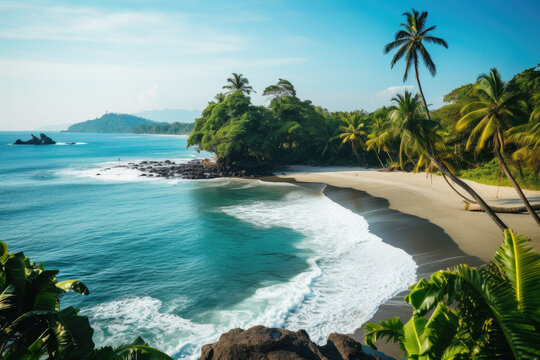 View of a beach cove with Palm Trees 