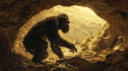 Bigfoot Standing Inside Cave, Capturing a Rare Glimpse of the Elusive Creature - obrazy, fototapety, plakaty