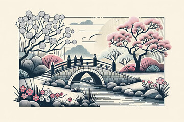 Artistic illustration of a picturesque stone bridge over a small stream, framed by blossoming trees and bushes