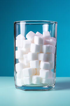 glass filled with sugar cubes against blue background