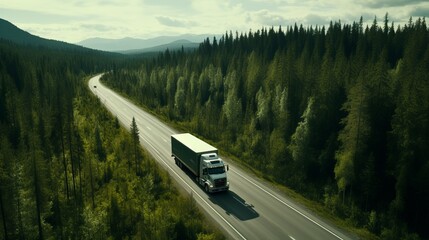 Aerial view of hydrogen truck and electric car on forest highway   green transport concept