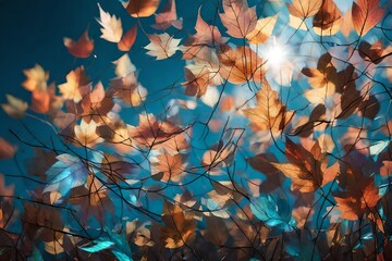 A close-up shot of holographic leaves fluttering in the breeze, forming a dynamic and enchanting abstract composition.