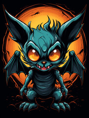 T-shirt design, Craft a fanged and hairy bat-like monster kid illustration using solid colors created with Generative Ai